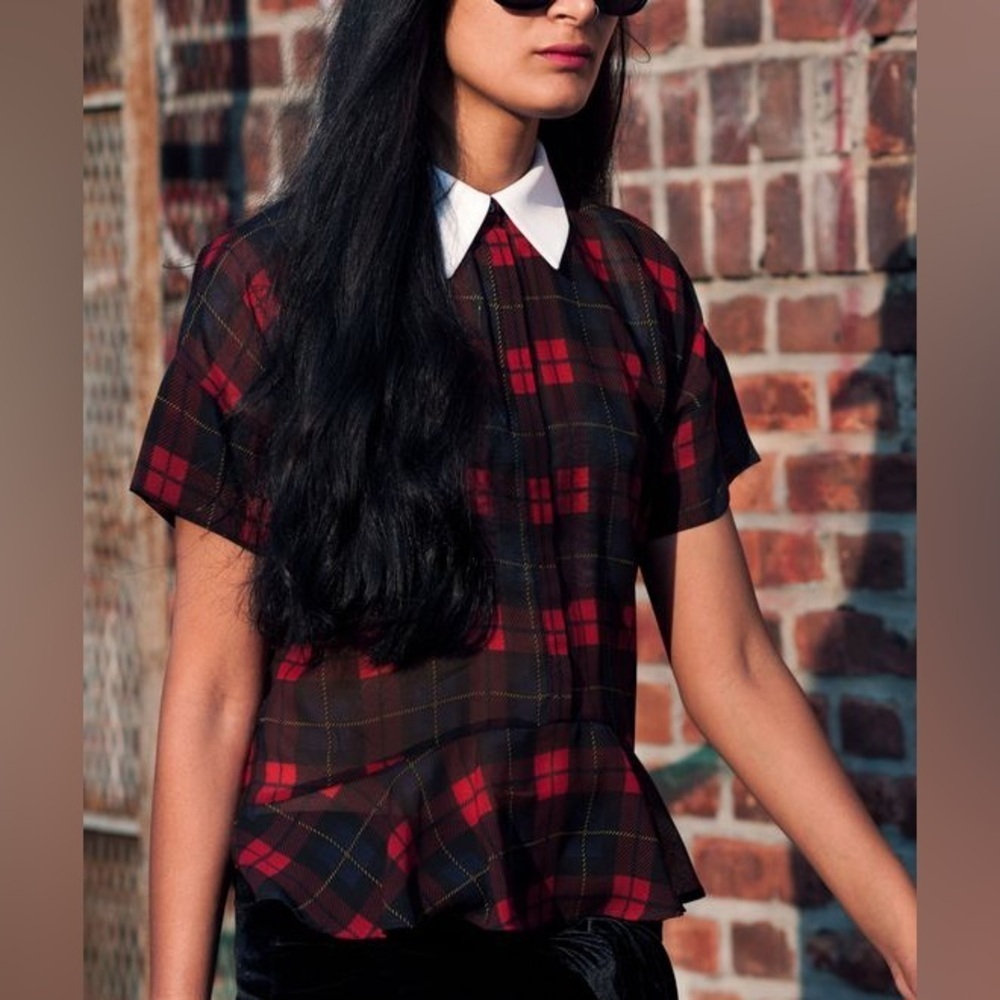Zara Trafaluc Women’s Tartan Shirt Collar Sheer Blouse Top Size S
